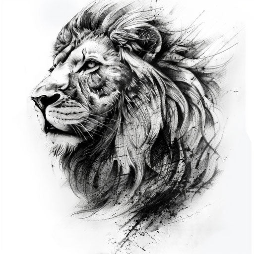 Detailed lion tattoo sketch, symbolizing courage and strength, with a majestic mane and regal expression, on a white background.