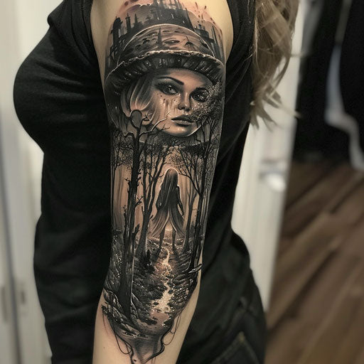 Female arm tattoos in the style of J.P. Targete with sci-fi alien landscape