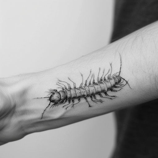 Elegant centipede tattoo with fine detail on white background