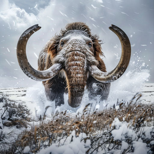 Woolly mammoth charging in tundra, dynamic action shot