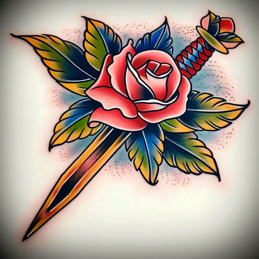 Illustration of a classic rose tattoo with a dagger through it, rendered in traditional bold colors and thick outlines, displayed on a white background