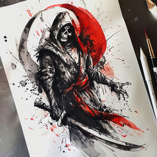 Watercolor grim reaper tattoo design