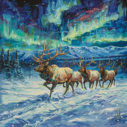 A herd of elk moving under the northern lights