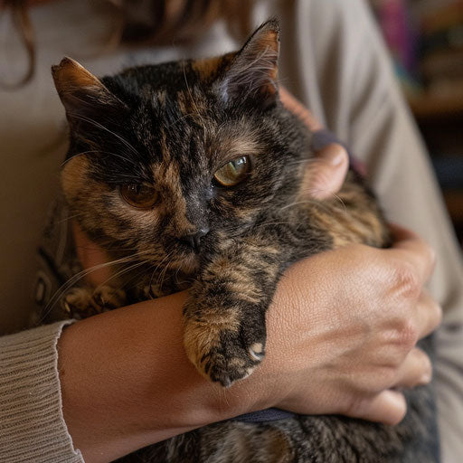 Tortoise cat being held by its owner