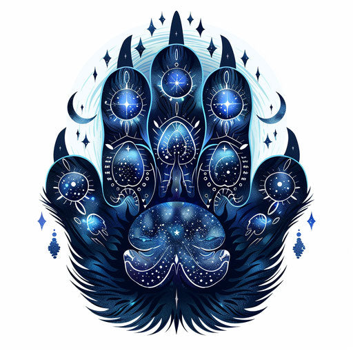 Mystical bear paw with celestial patterns and dark blue hues