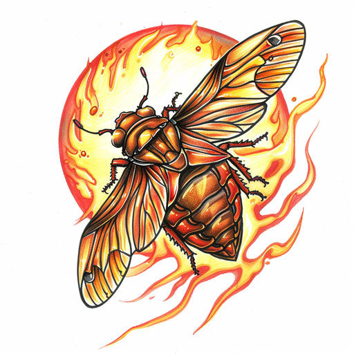 Sketch of a cicada tattoo with fiery reds and oranges