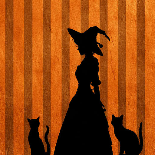Silhouettes of a witch and two cats against orange stripes