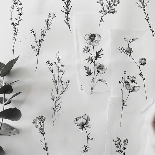 Delicate and minimalistic wildflower tattoos on white canvas