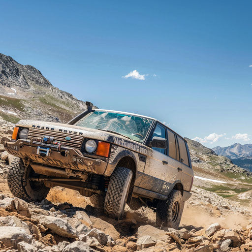 Modified off-road vehicle conquering mountain trail