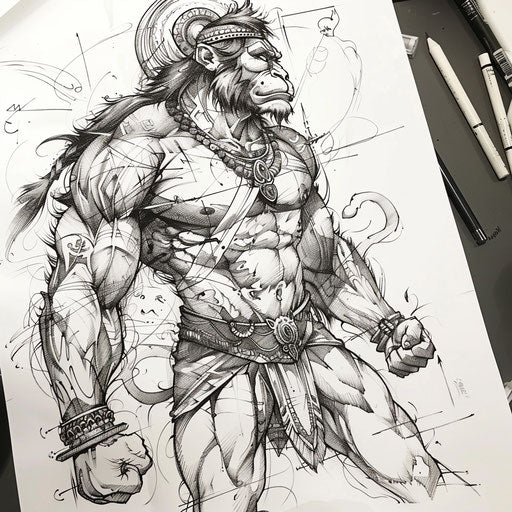 Bold and dynamic flat tattoo sketch with Hanuman in a battle stance