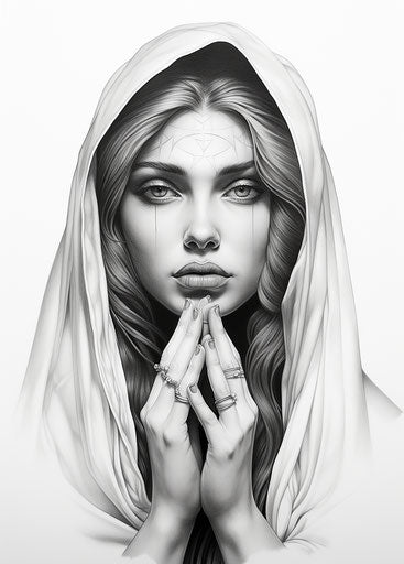 Drawing of Mary with hand image, tattoo style