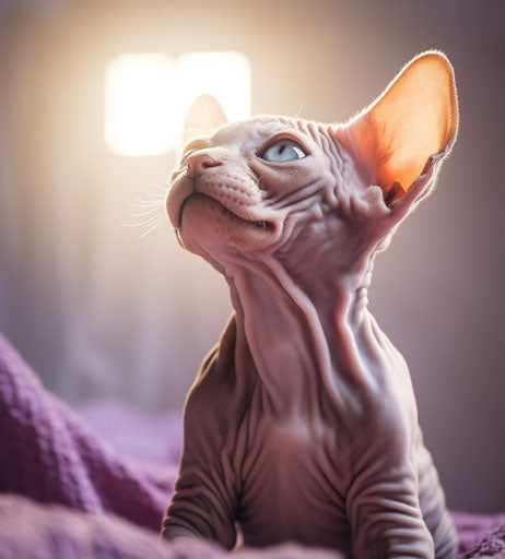 Sphynx kitten sitting on a bed looking up