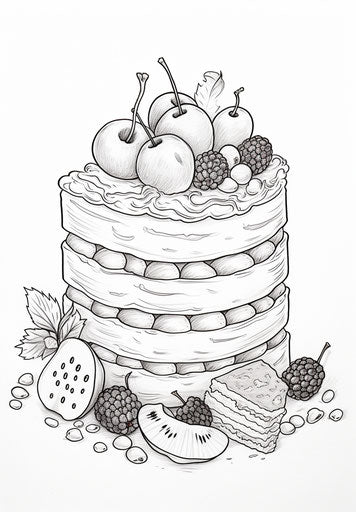Coloring page of a cake with a cute face