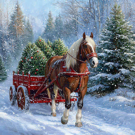 Sturdy Clydesdale horse pulling a red wagon loaded with Christmas trees through a snowy pine forest.