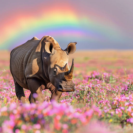 Solo West African black rhinoceros walking through a blooming field with a rainbow in the background
