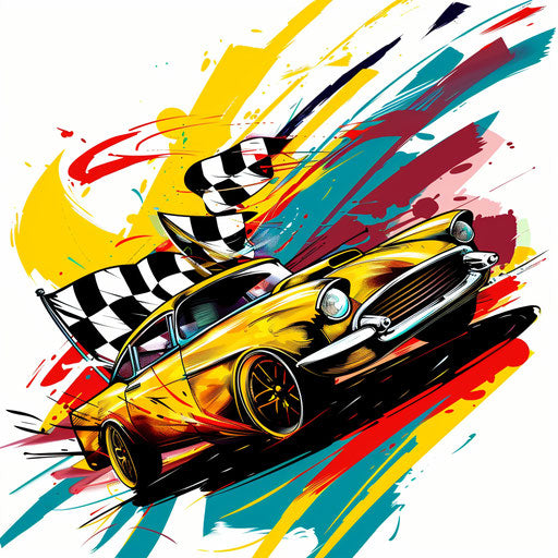 Bold clipart style flat tattoo sketch of a race car with checkered flags and intense yellows