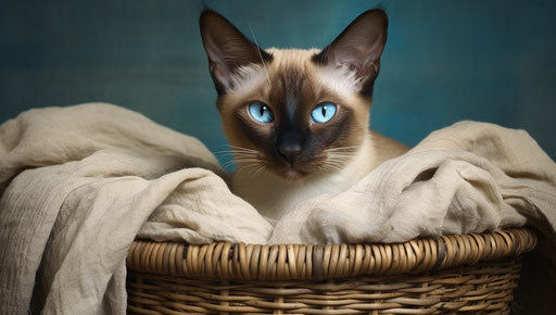 Siamese cat in basket on bed
