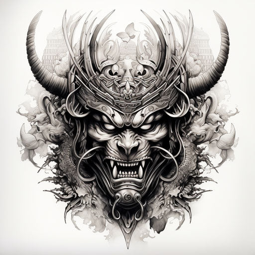 Oath of samurai art of samurai tattoos, ritualistic masks, manticore, naive drawing