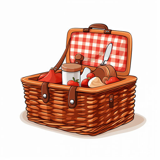 Minimalist-style picnic basket clipart, on white background