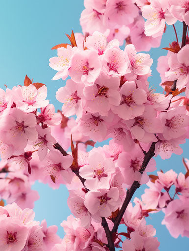 Pink cherry blossoms in bloom under blue sky
