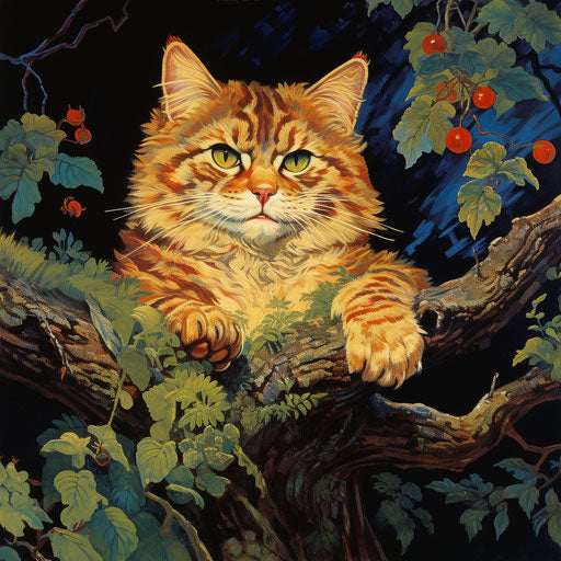 Louis Wain cat lounging on a tree branch
