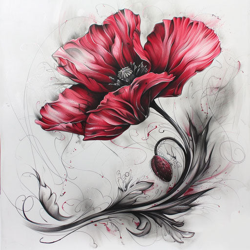 Poppy tattoo composition in a surreal art style