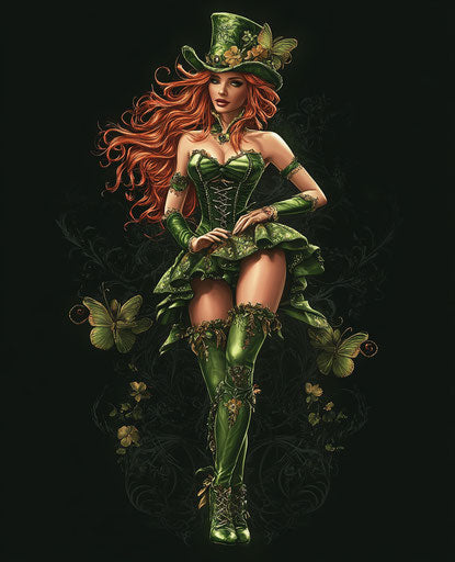 Beautiful leprechaun fairy in green, holding clover, Celtic design. Jay Anacleto style, high detail.