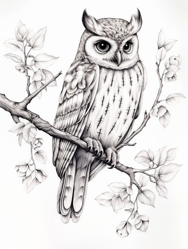 Owl on a branch, clean and sharp style
