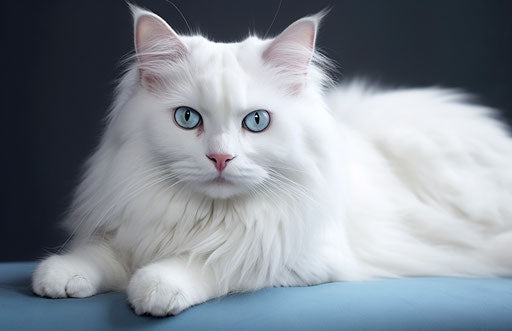 White and beige cat with blue eyes, refined aesthetic
