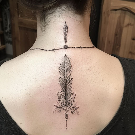 Feather and arrow tattoo on neck, Steve McNiven style