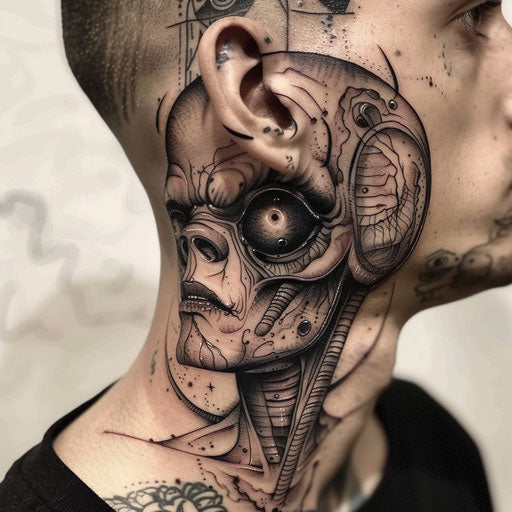 Side neck tattoos with an alien, in the style of Humberto Ramos