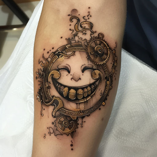 Steampunk smiley tattoo, metal gears on white