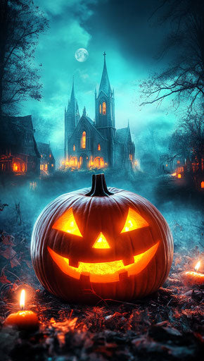 Halloween night with glowing pumpkin in haunted village