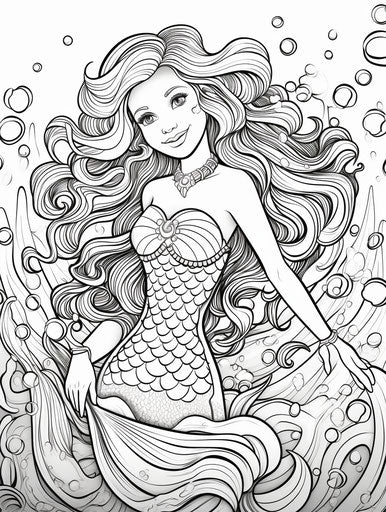 Barbie's mermaid coloring page, dark gold and magenta style, wavy and glittery