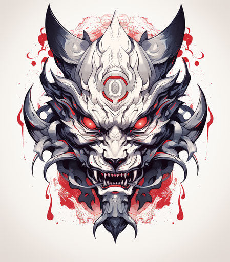 Demon head tattoo, abstract geometric shapes