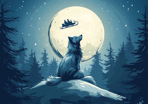 The wolf on the moon watches Santa's sleigh fly