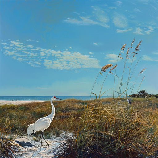 Coastal habitat of a whooping crane and sand dunes