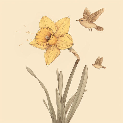 Surreal flat clipart tattoo sketch of a daffodil transforming into birds