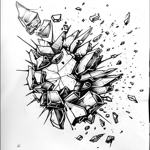Dynamic tattoo sketch of a shattered mirror with floating pieces