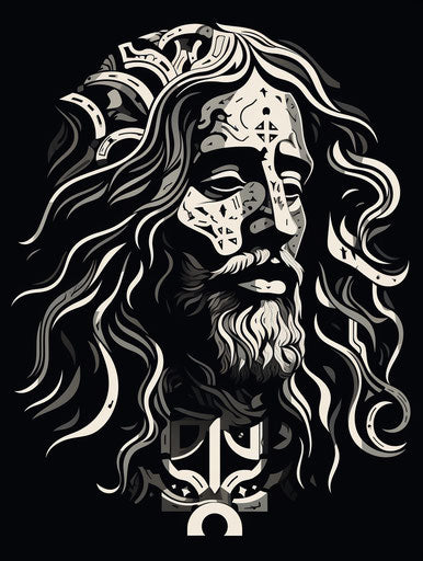 Black and white drawing of Jesus' head, bold traditional style, poignant, graphical 3:4