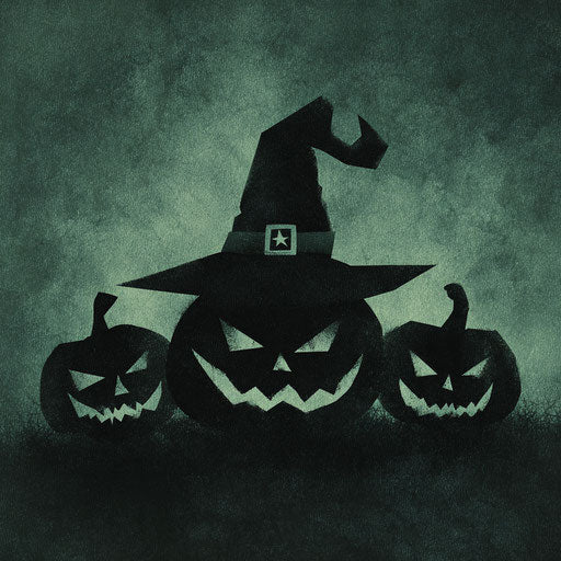 Three black pumpkins with a witch's hat in the dark
