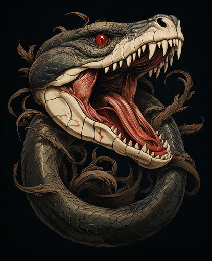 Snake tattoo with open mouth, dark beige and crimson style, traditional animation