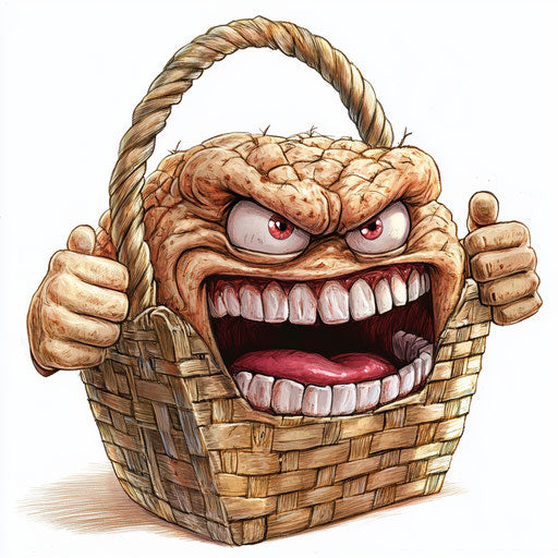 Humorous caricature of a picnic basket with human characteristics