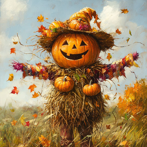 Whimsical scarecrow made of pumpkins and hay with a smiling face and colorful fall decorations blowing in the wind
