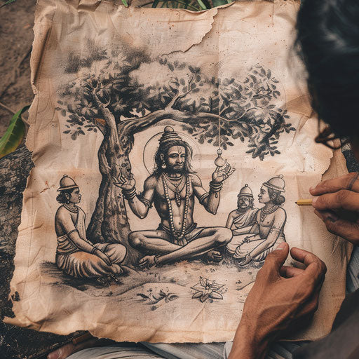 Vintage flat tattoo sketch of Hanuman under a tree teaching disciples