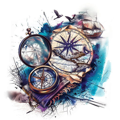 Sketch of compass and map, symbols of adventure