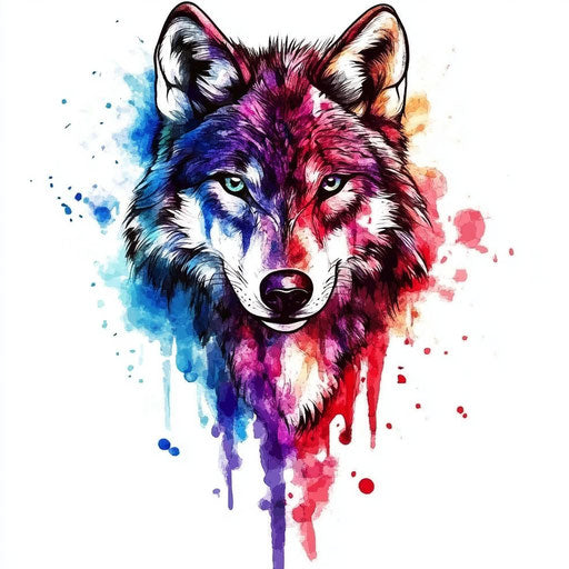 Flat tattoo sketch of wolf with watercolor on white