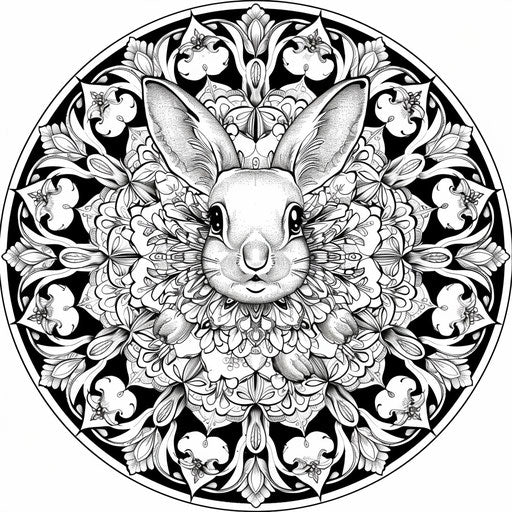Detailed mandala with an Easter bunny in the center, surrounded by floral patterns.