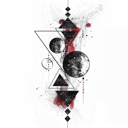 Abstract galaxy tattoo illustration with geometric shapes on white background