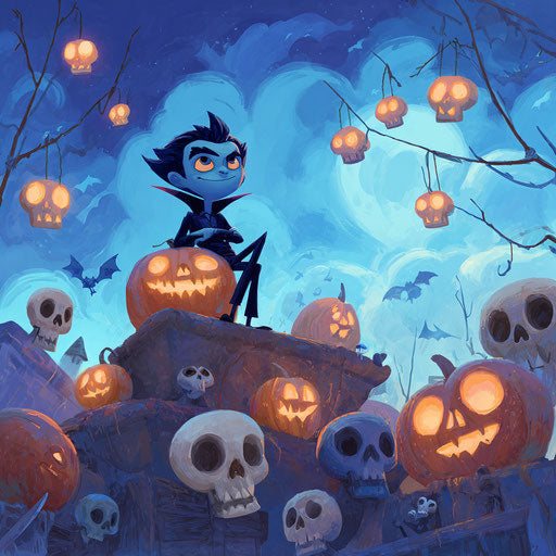 Playful Halloween Scene with a Blue Vampire and Pumpkins